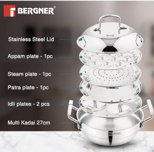 Bergner BE Bergner Essentials Triply Stainless Steel 21cm Multi Kadai - 2 Pcs Idli Plates, 1 Pc Appam Plate with 19 Cavities, 1 Pc Patra Plate and 1 Pc Steam Plate, Less Cooking Oil - Induction Bottom - Image 3